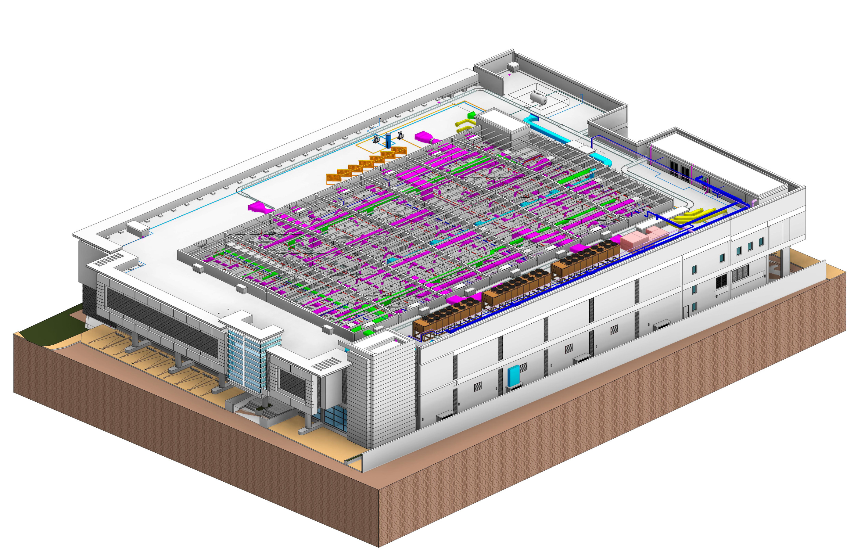 Coordinated MEP services model with the roof removed, showing ductwork, pipework and rooftop plant